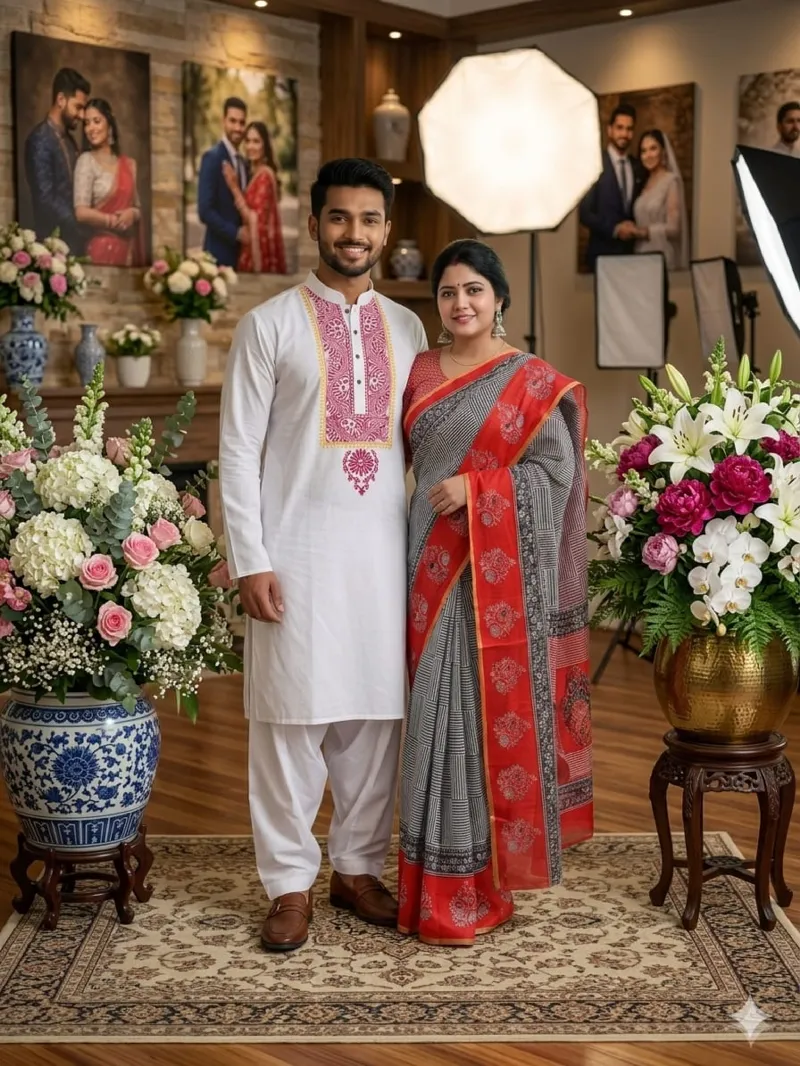 Boishakh Couple Saree and Panjabi Set, Half Cotton and Dhupian Silk