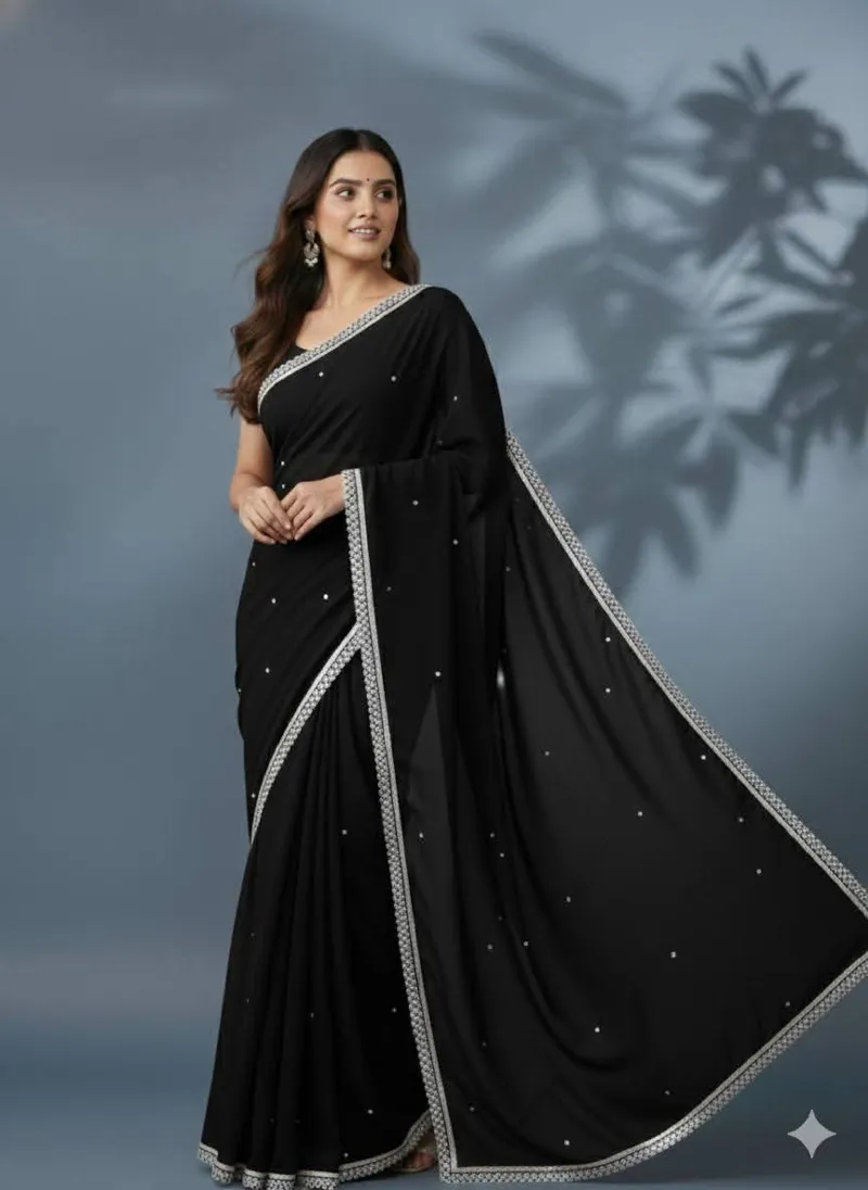 Georgette Saree with Stone Work and Lace, Matching Blouse