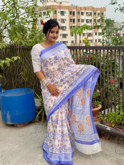 হাফ সিল্ক স্ক্রিন প্রিন্ট শাড়ি, ব্লাউজ ছাড়া, 4 রং