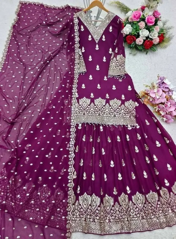 Soft Georgette Eid Party Three Piece with Sequin Work, 45 Inch Long