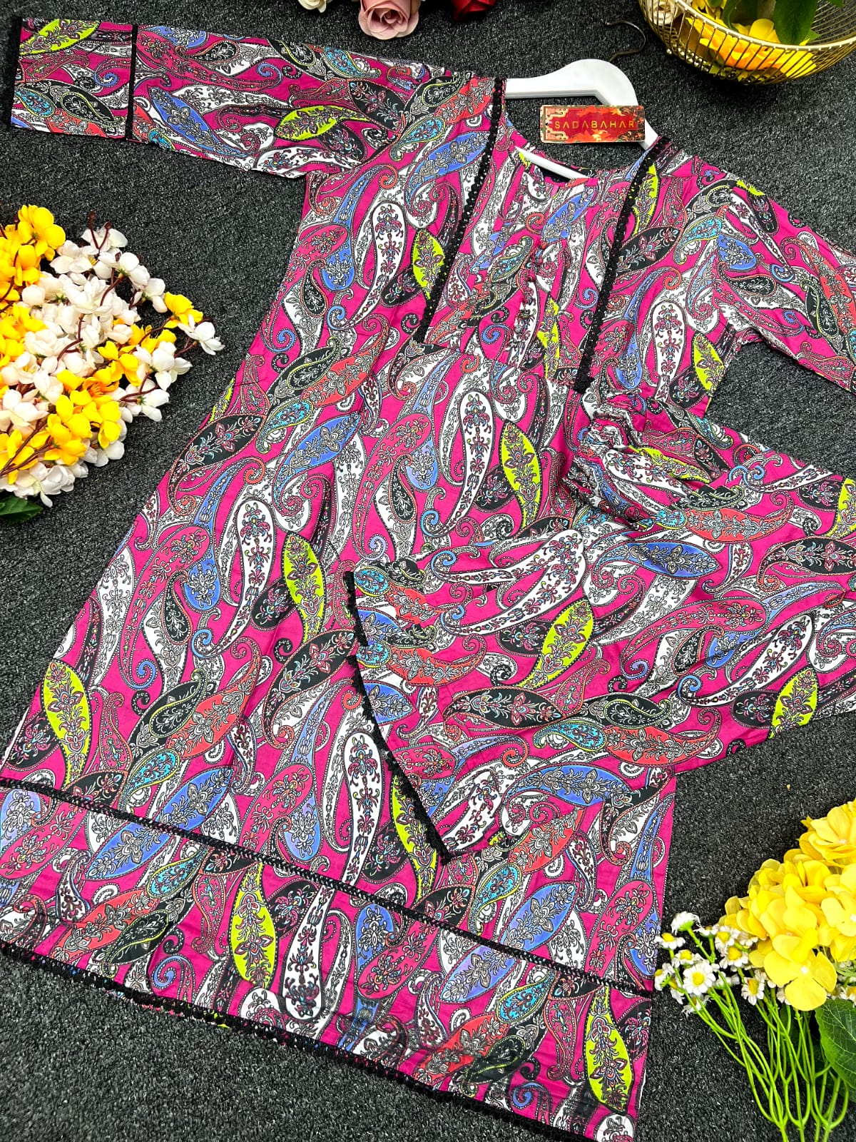 Women's Printed Cotton Two Piece with Lace Trim Salwar, M and XL