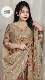 কারচুপির কাজ করা আলিয়া কাট লিনেন থ্রি পিস, 5 রং