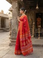 Khadi Cotton Block Print Saree with Tassel Anchal and Blouse Piece