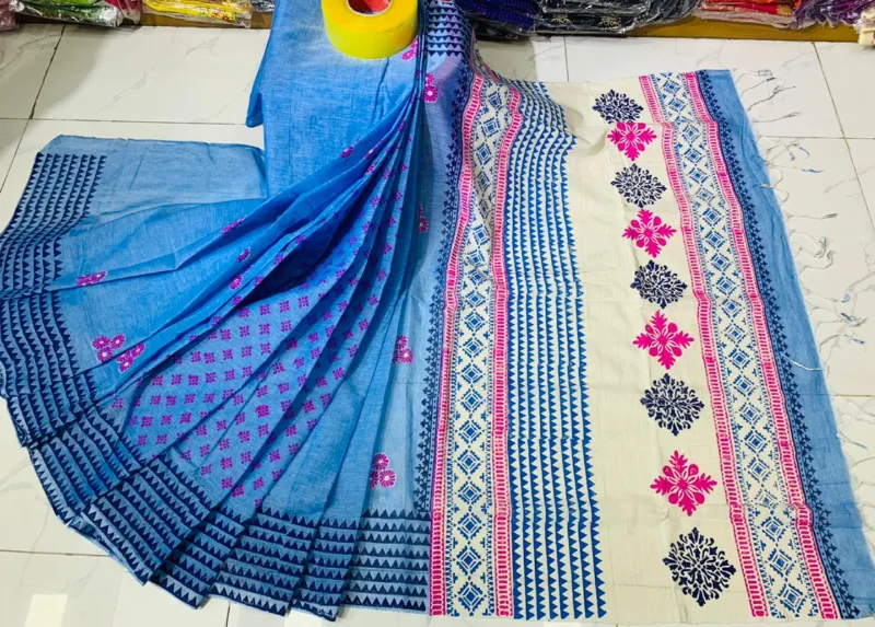 মহিলাদের ব্লক প্রিন্ট কটন শাড়ি, 14 হাত, 6টি রং