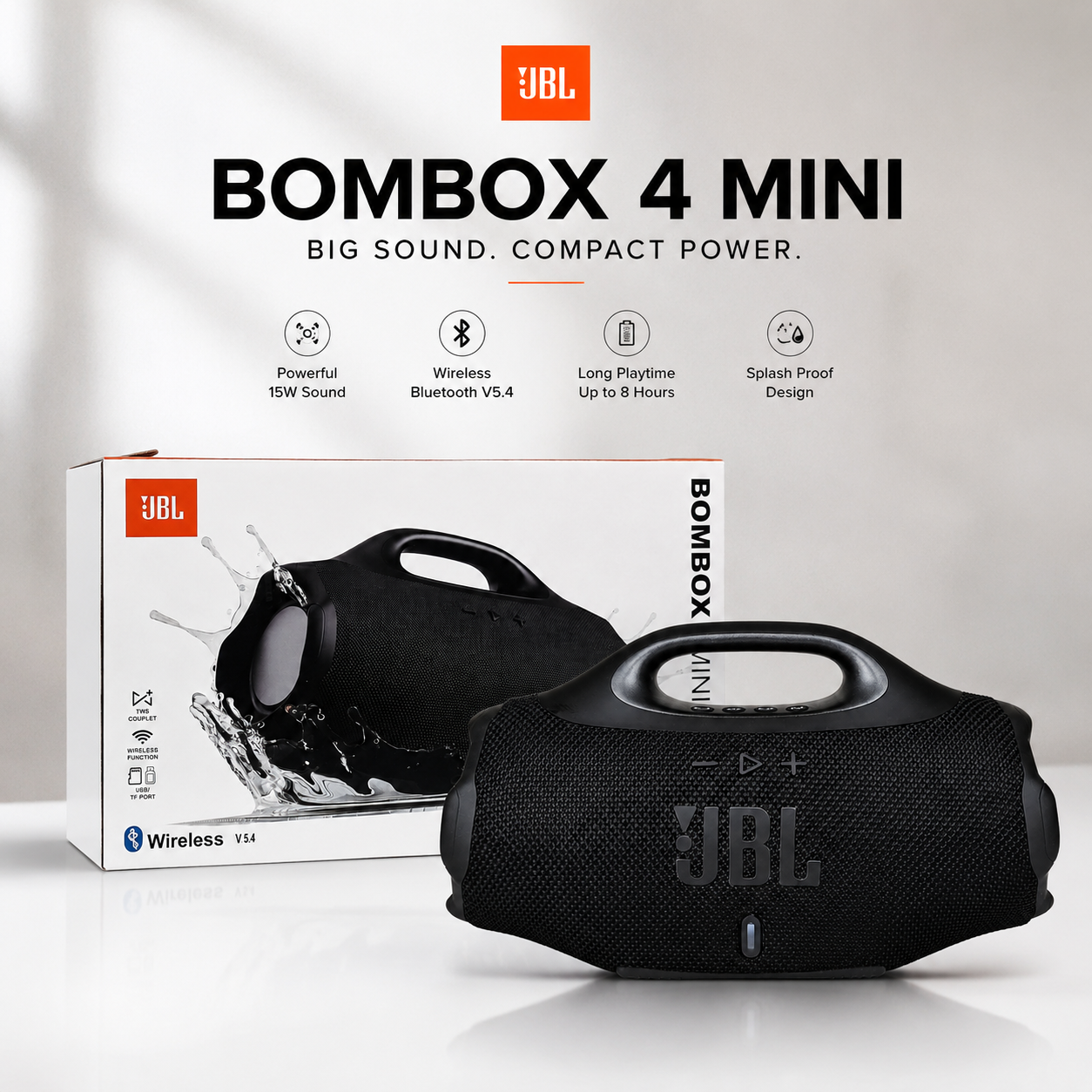 JBL Boombox 4 Mini পোর্টেবল ওয়্যারলেস স্পিকার – 15W, Bluetooth 5.4, TWS