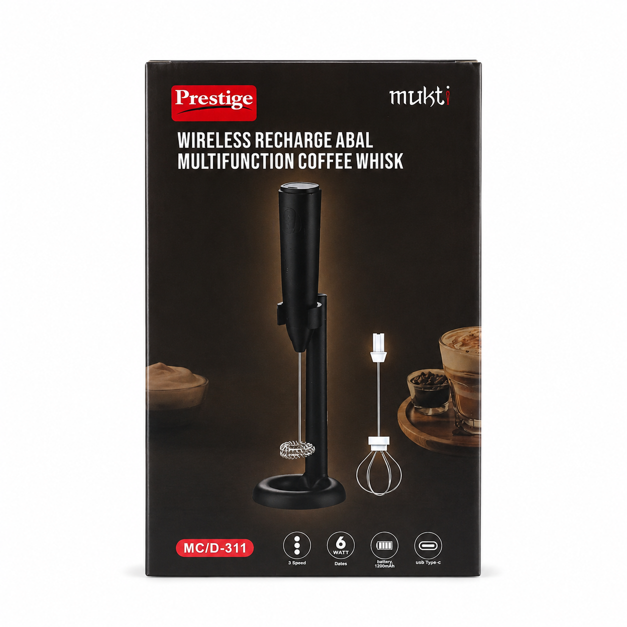 Prestige Mukt 2-ইন-1 রিচার্জেবল কফি ফোমার ও মিল্ক ফ্রদার – 3 স্পিড, স্ট্যান্ড ও Type-C চার্জিংসহ