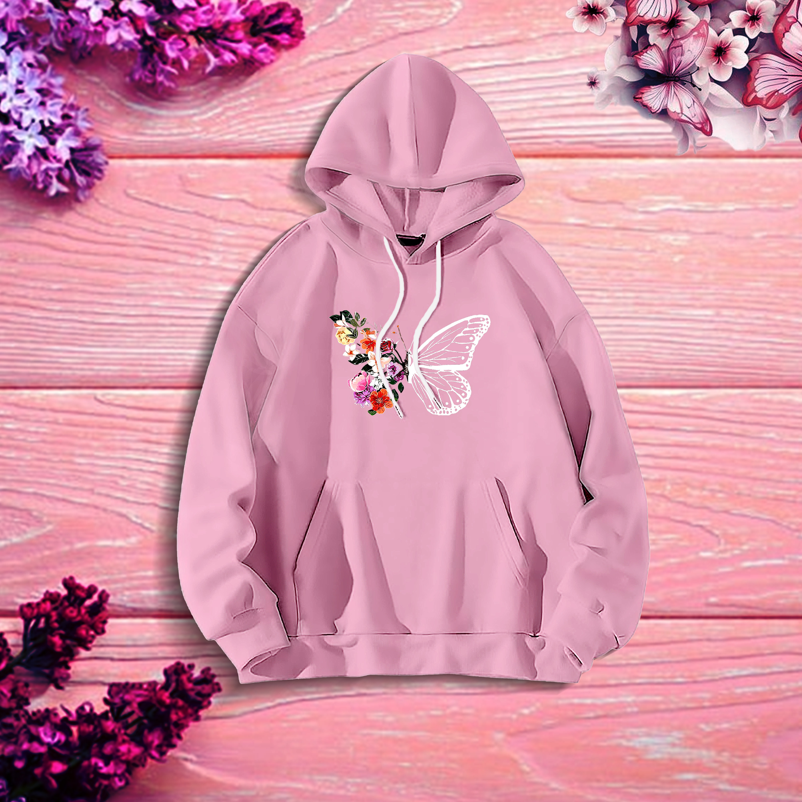 Butterflies & Flowers প্রিন্ট লেডিস উইন্টার হুডি