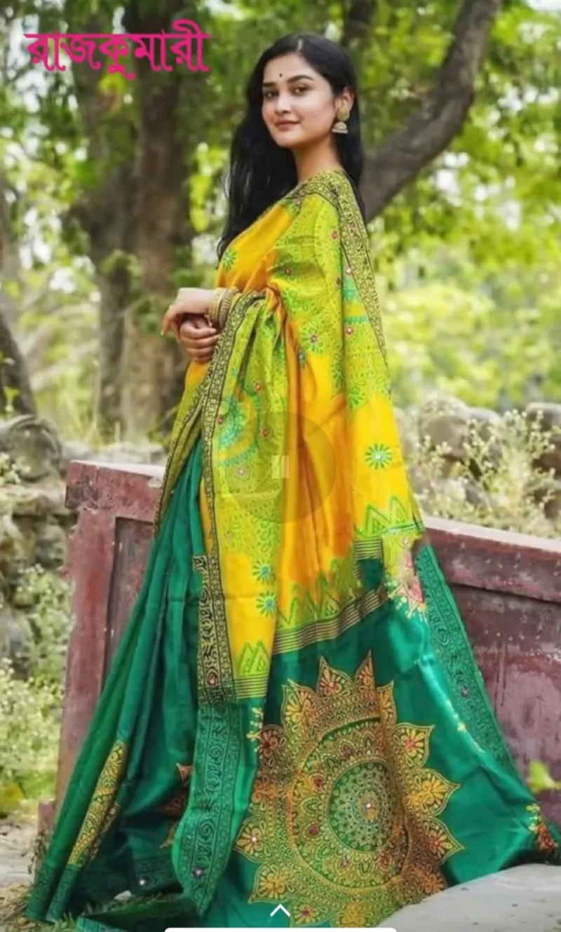 Hand Print Work Half Silk Saree, 12 Haath, 6 Colour Choices