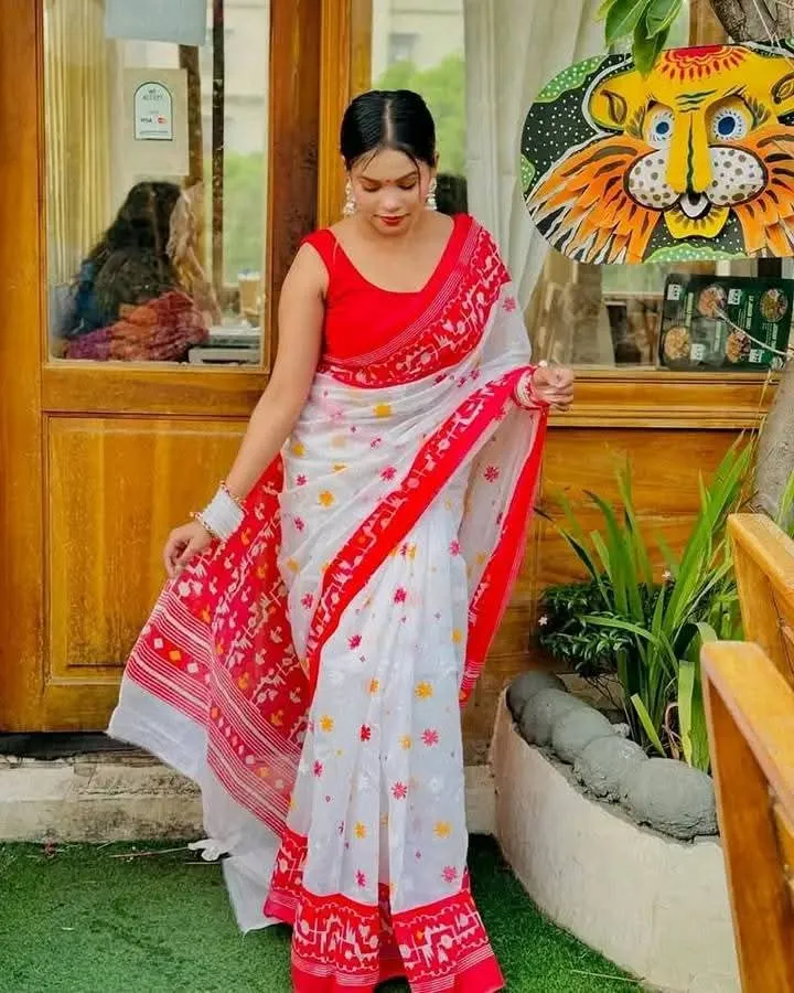 Half Silk Block Print Saree with Jamdani Design, 4 Colours