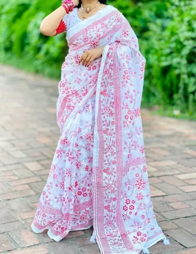 হাফ সিল্ক গ্লিটার প্রিন্ট শাড়ি, 12 হাত, 2 রং