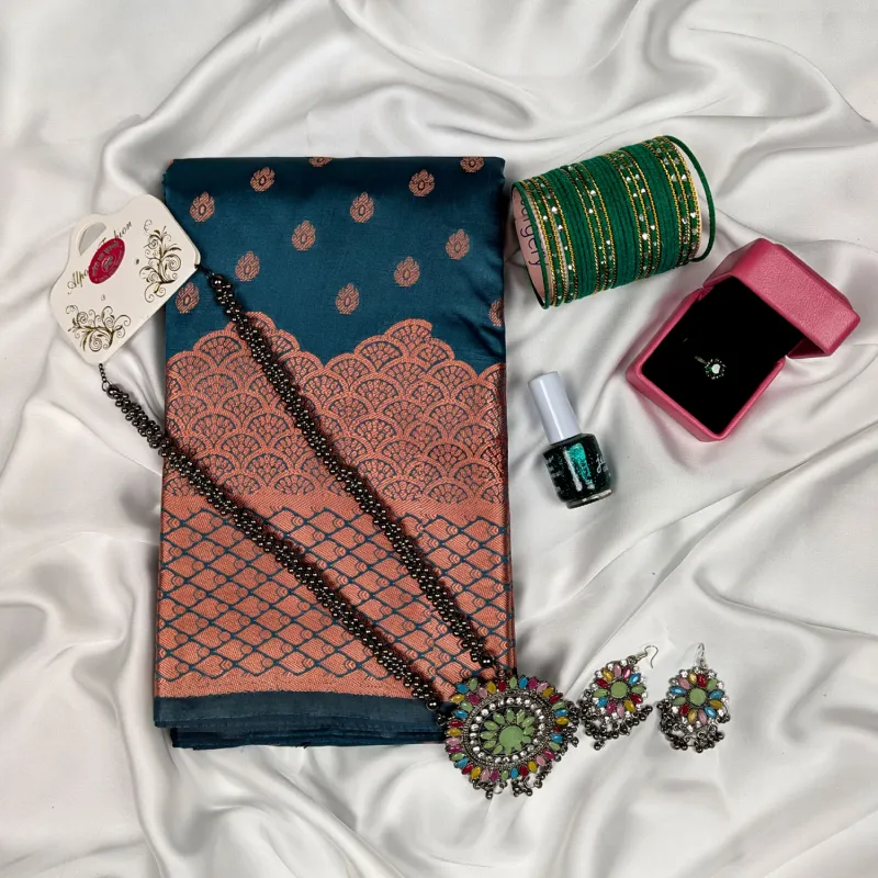 সিল্ক কাতান শাড়ি কম্বো প্যাক – ওশান গ্রিন