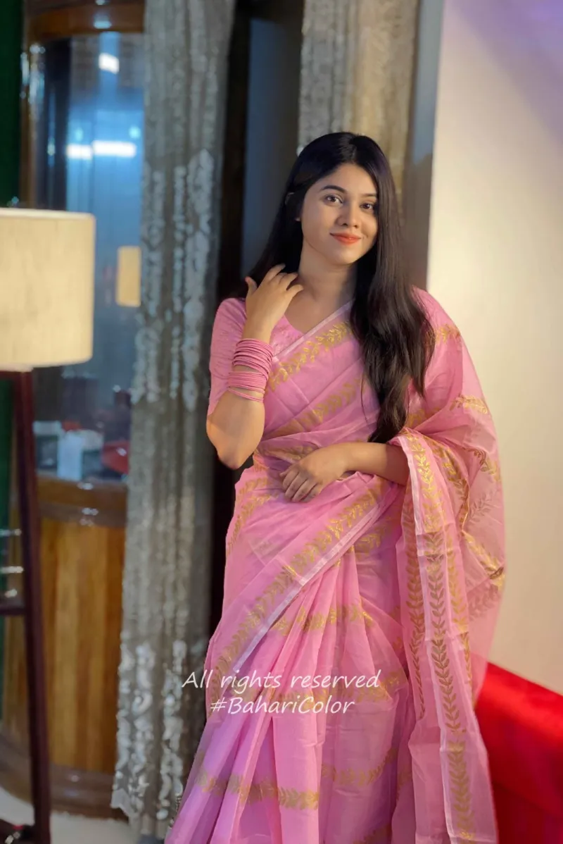 Semi Muslin Block Print Saree with Cotton Voile Blouse Piece