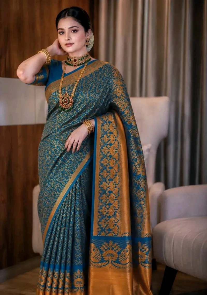 ম্যাচিং ব্লাউজ পিসসহ কাঞ্জিভরম কাতান শাড়ি, 3 রং