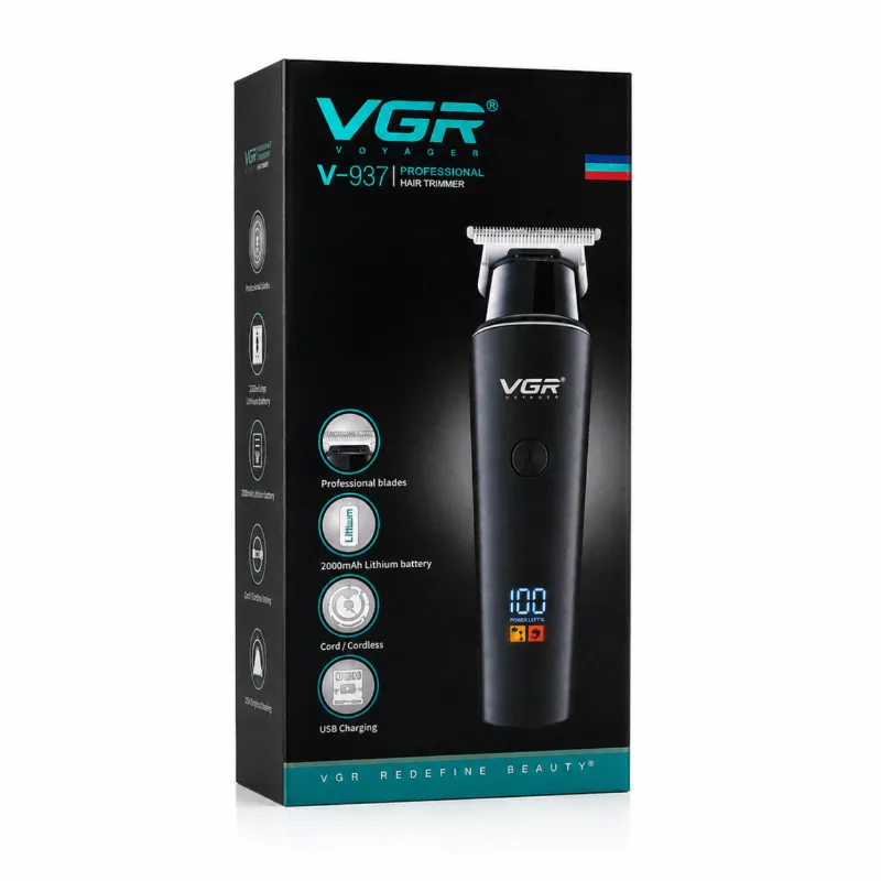 VGR V-937 কর্ডলেস হেয়ার ও বিয়ার্ড ট্রিমার – LCD ডিসপ্লে, 2000mAh (কালো)