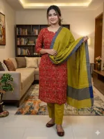 আনস্টিচড স্লাব কটন স্ক্রিন প্রিন্ট থ্রি পিস, ফুল হাতা