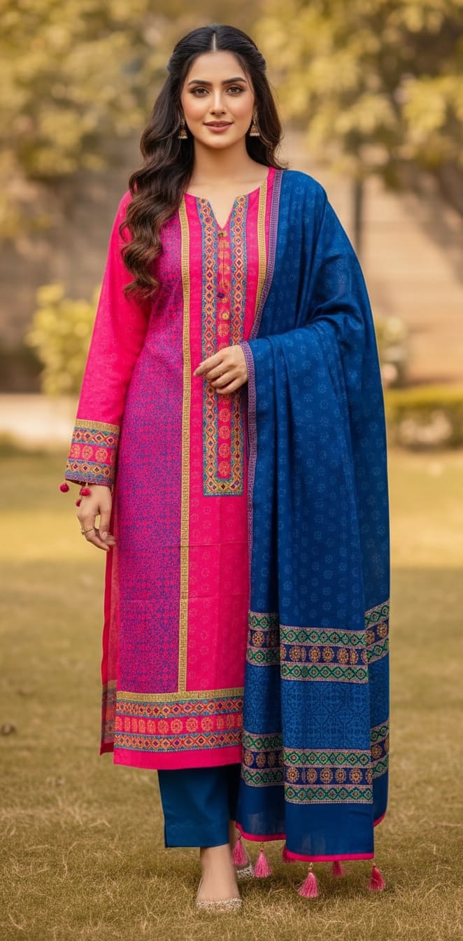Unstitched Voile Three Piece, Five Haath Orna with Tassels