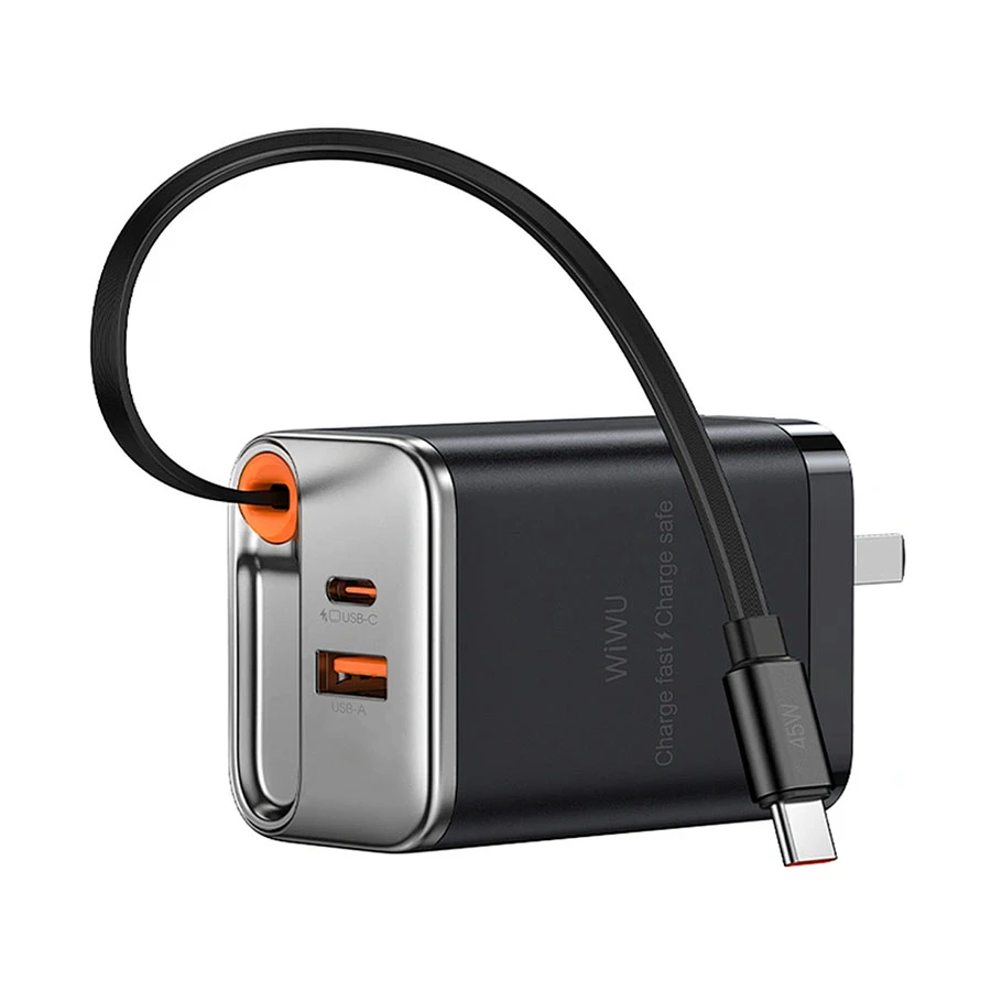 WiWU Helix 35W GaN USB & USB-C Charger with Built-in USB-C Cable (UK)