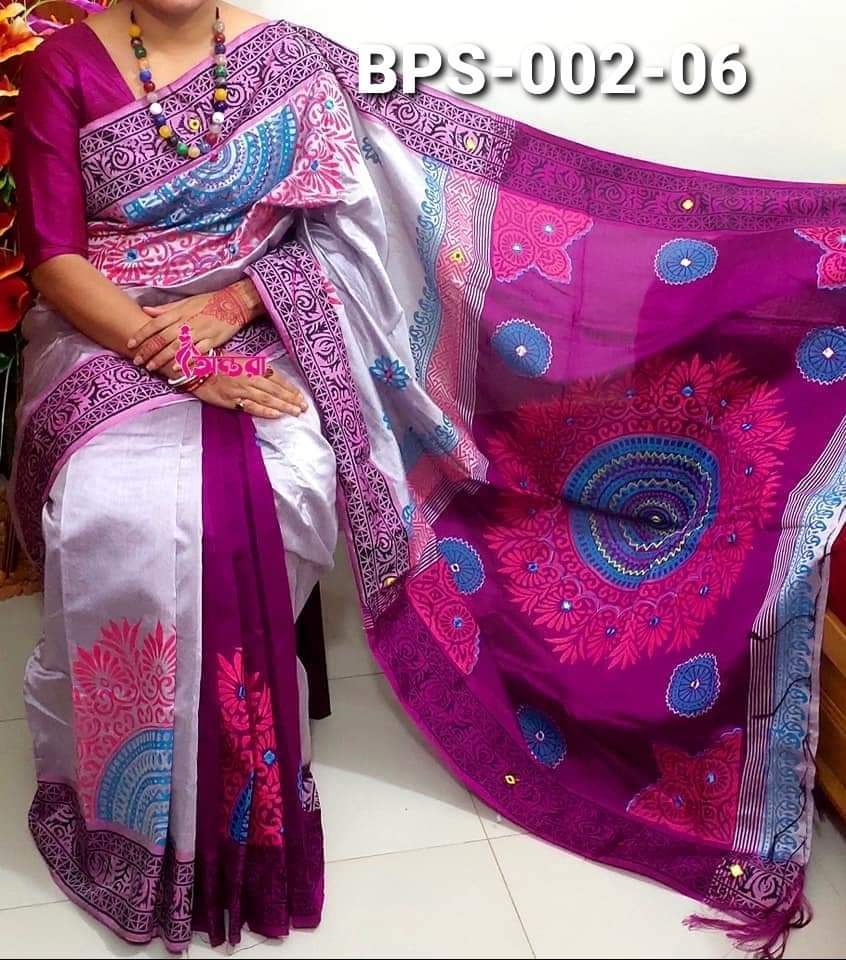 Block Print Dhupian Silk Saree with Embroidery, 6 Colours