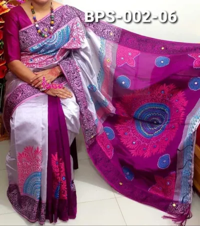 Block Print Dhupian Silk Saree with Embroidery, 6 Colours
