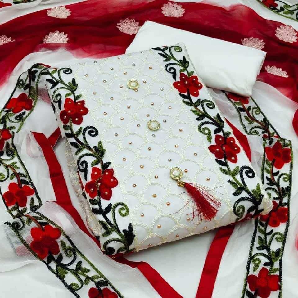 Semi-Stitched Aari Work Three Piece, 45 Inch Kameez