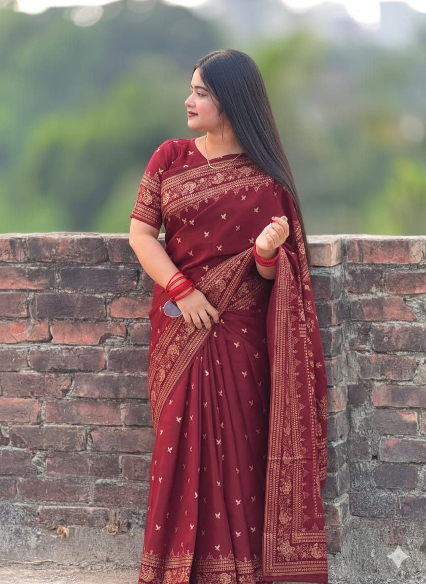 মহিলাদের স্ক্রিন প্রিন্ট সিল্ক শাড়ি, ম্যাচিং ব্লাউজসহ