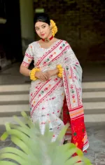হাফ সিল্ক জামদানি ব্লক প্রিন্ট পূজা শাড়ি ব্লাউজ পিসসহ