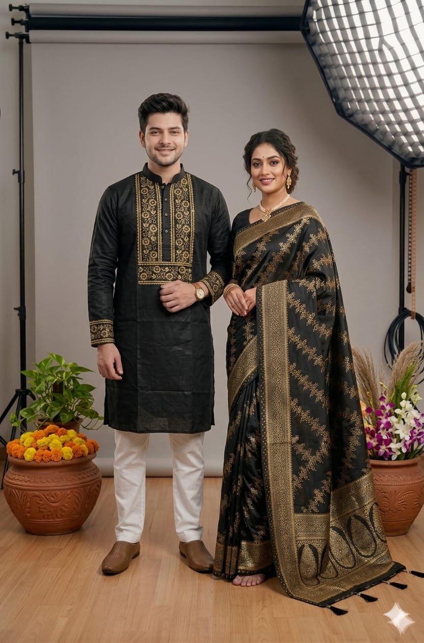 Matching Couple Set, Screen Print Saree with Block Print Panjabi