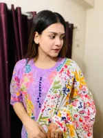 এমব্রয়ডারি ভয়েল থ্রি পিস, স্ক্রিন প্রিন্ট কটন ওড়না