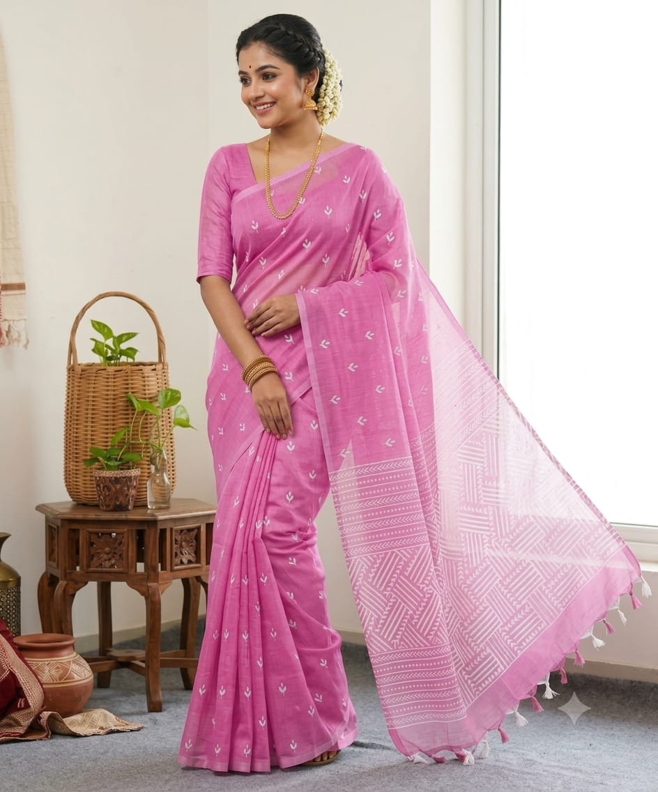 Lightweight Half Silk Jamdani Screen Print Saree, 5 Colours