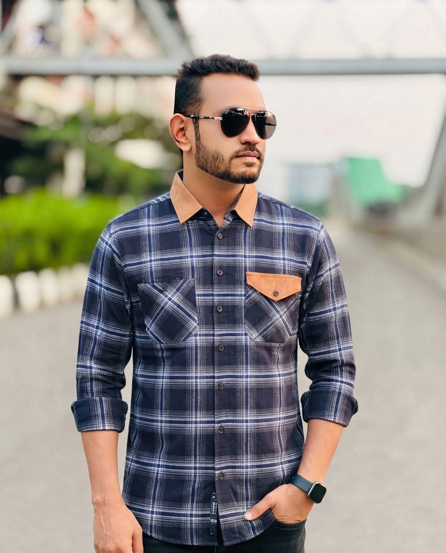 Men's Cotton Double Pocket Shacket Check Shirt, Full Sleeve