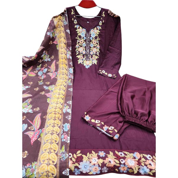 Elegant Embroidered Linen Three Piece Set