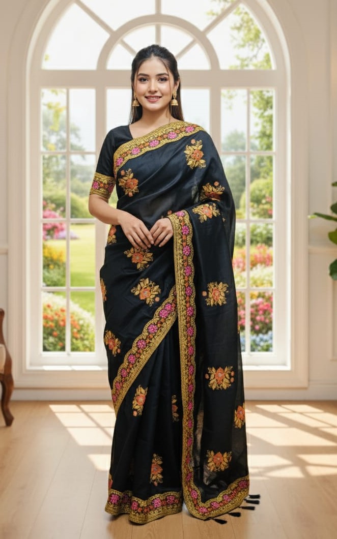 Semi Muslin Saree with Sequin Embroidery and Running Blouse