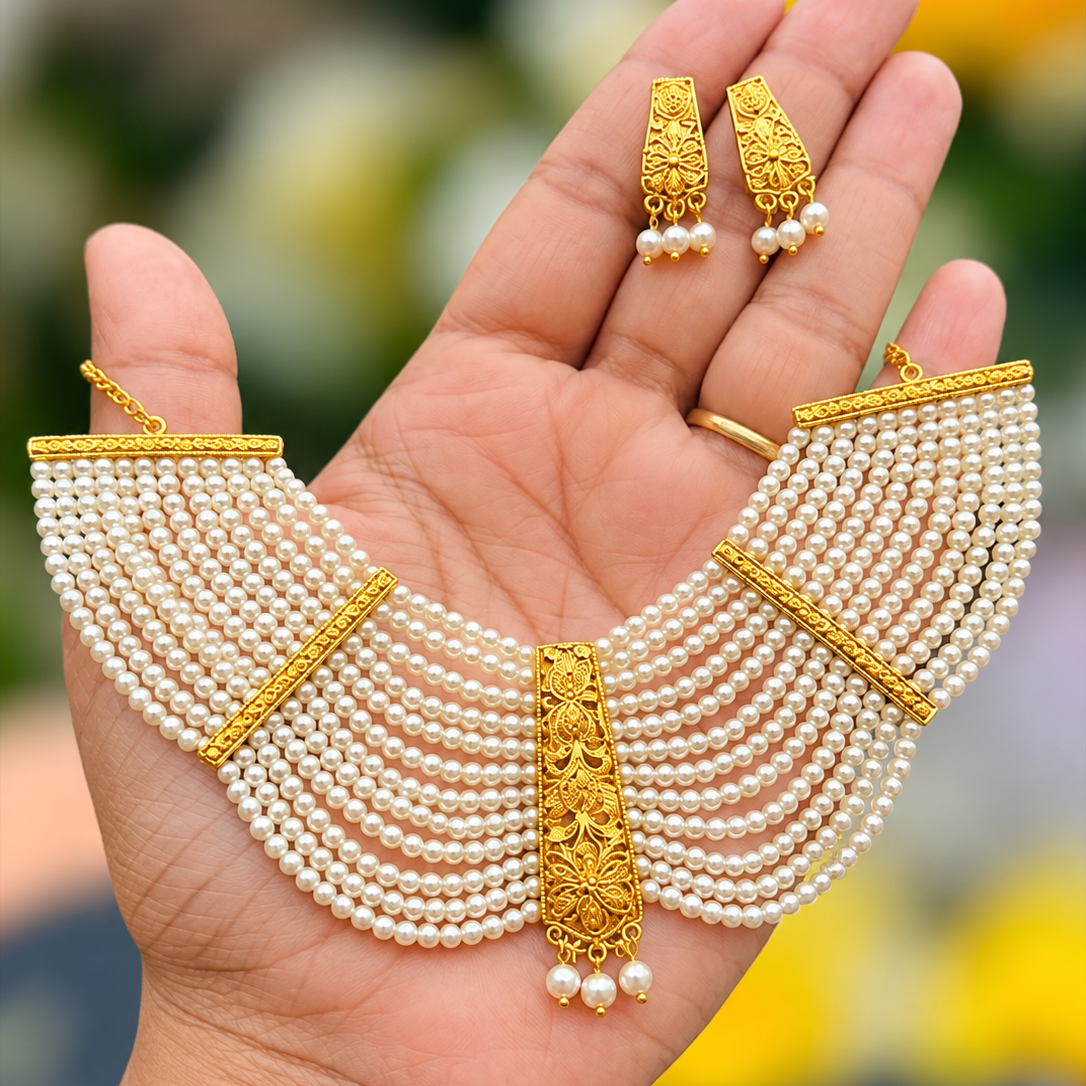 Royal Gold-Plated Multi-Strand Pearl Choker Set