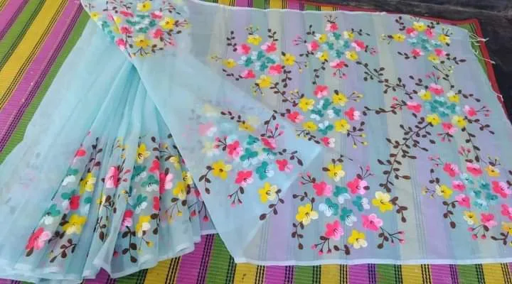 Hand Print Brush Work Saree in Half Silk, 12 Haath Long