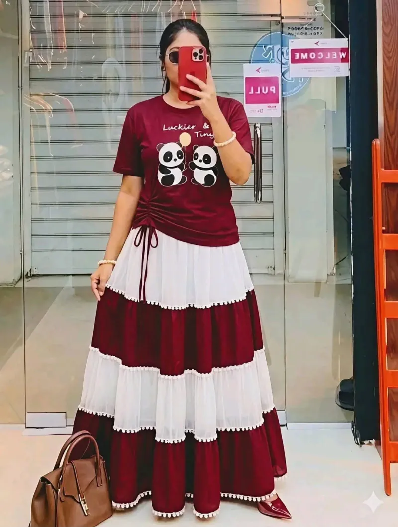 Women's Georgette Skirt and Pure Cotton T-Shirt Set, Free Size