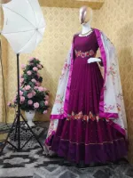 জর্জেট এমব্রয়ডারি পার্টি গাউন, বাটারফ্লাই সালোয়ারসহ, 52 ইঞ্চি
