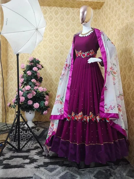 জর্জেট এমব্রয়ডারি পার্টি গাউন, বাটারফ্লাই সালোয়ারসহ, 52 ইঞ্চি