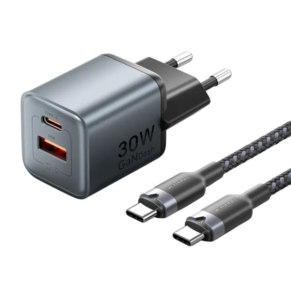 Vention 2-পোর্ট GaN চার্জার 30W USB-C + 18W USB-A, EU প্লাগ, 1M USB-C কেবলসহ