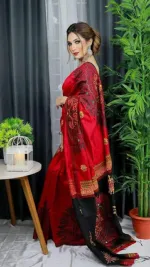 মহিলাদের হ্যান্ড প্রিন্ট হাফ সিল্ক শাড়ি, 12 হাত লম্বা