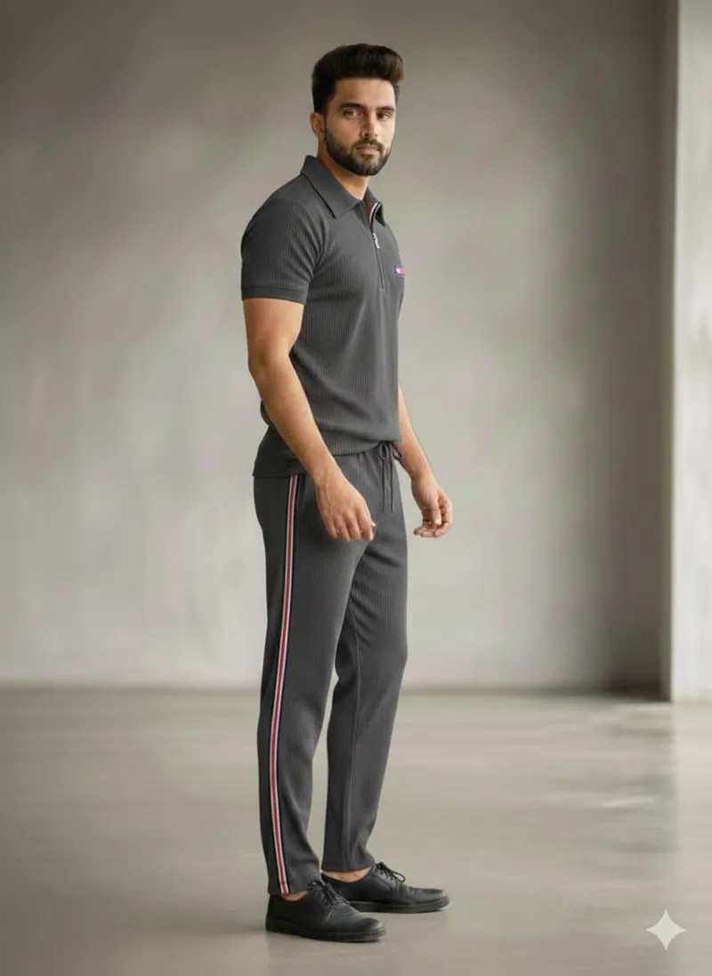 Men's Waffle Fabric T-Shirt and Trouser Set, 220 GSM, Sizes L and XL