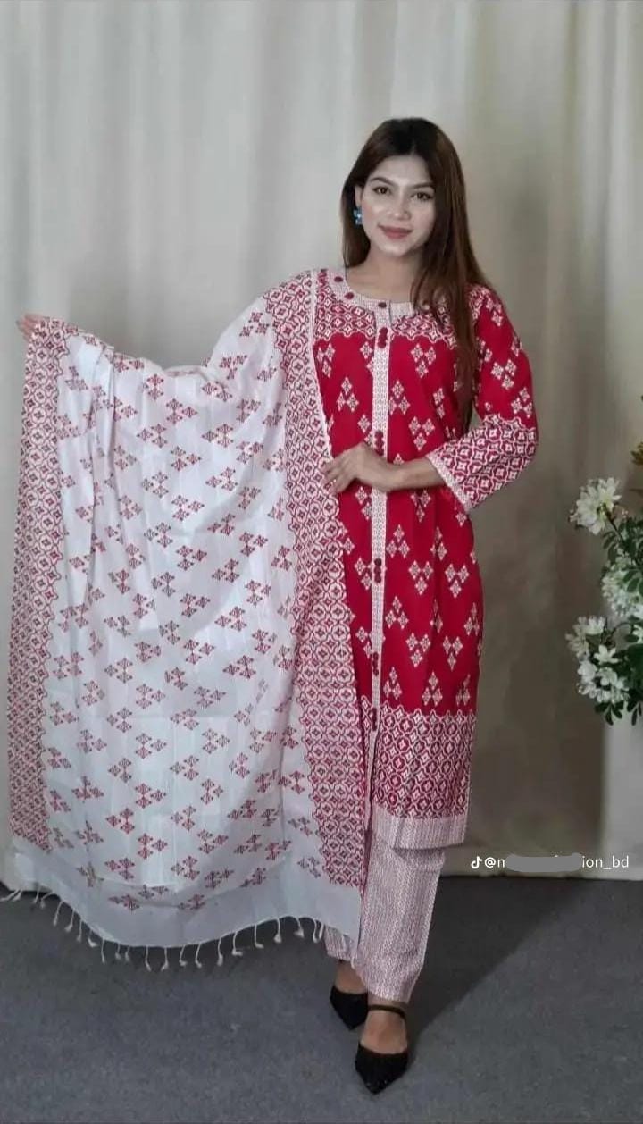 রেডিমেড কটন থ্রি-পিস, লেস ওয়ার্ক ও কটন ওড়না, 4টি রঙ