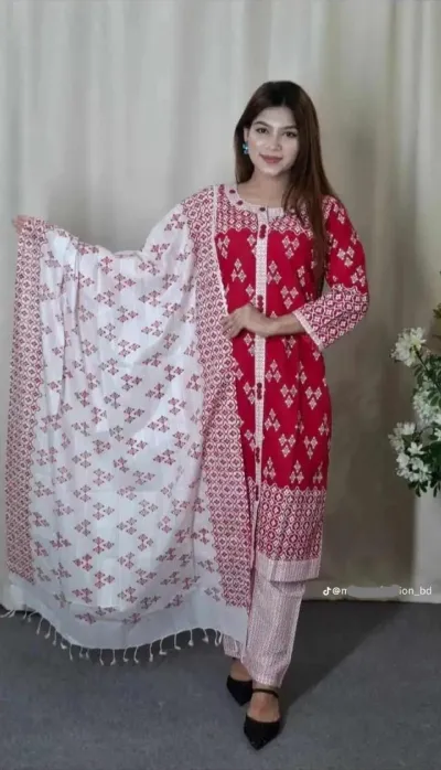 রেডিমেড কটন থ্রি-পিস, লেস ওয়ার্ক ও কটন ওড়না, 4টি রঙ