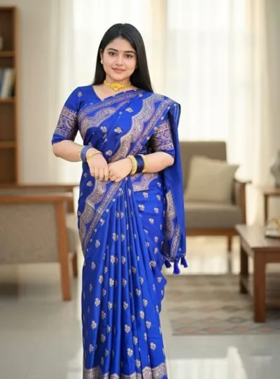 স্কিন প্রিন্ট সিল্ক শাড়ি, 4 রঙের অপশন, ম্যাচিং ব্লাউজসহ