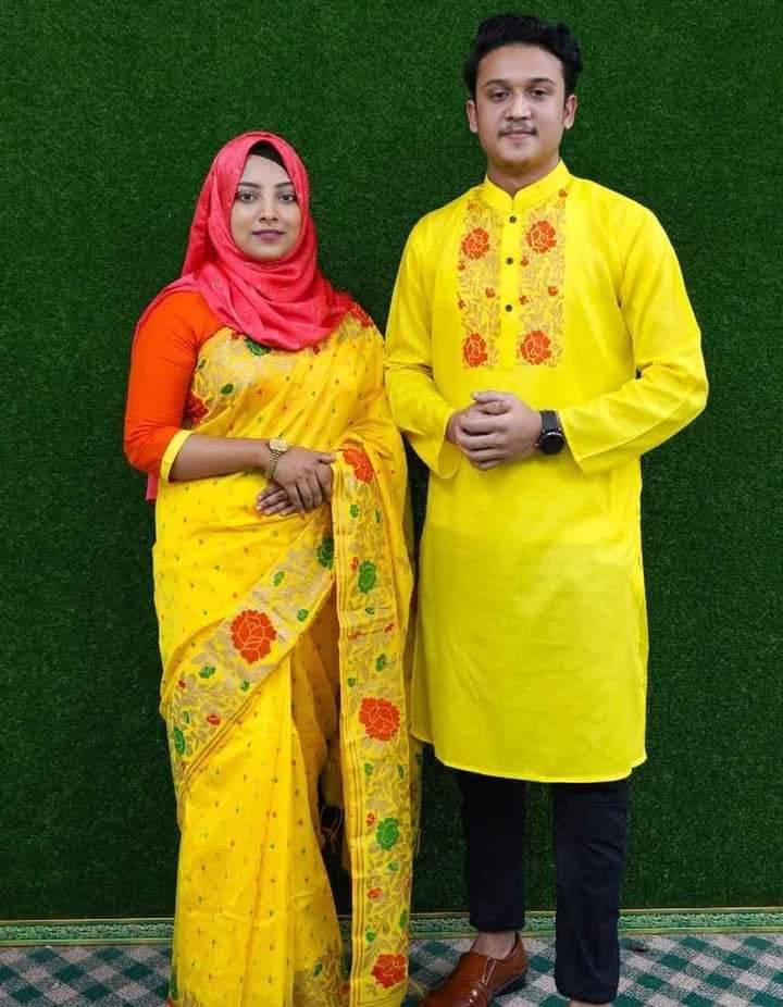 Block Print and Screen Print Saree Panjabi Set for Couples, 6 Colours