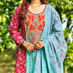 এমব্রয়ডারি ও প্রিন্টের কটন থ্রি-পিস ড্রেস
