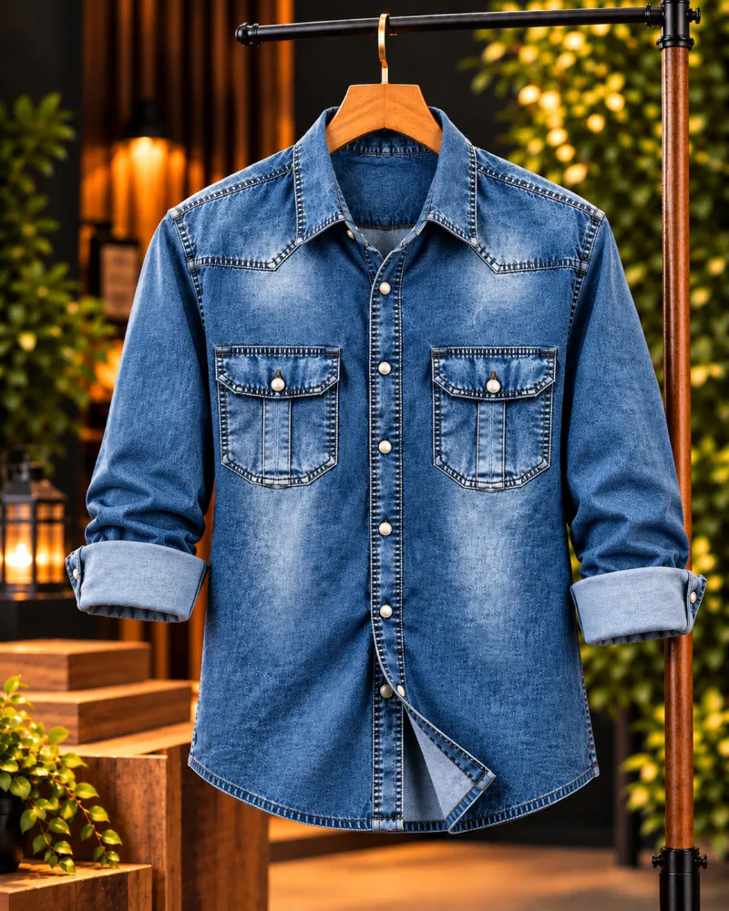Men's Denim Shirt with Pocket and Snap Buttons, 220+ GSM