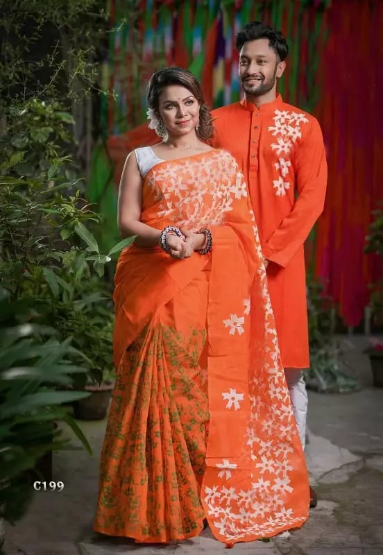 Half Silk Saree and Dhupian Silk Panjabi Couple Set, S to XL