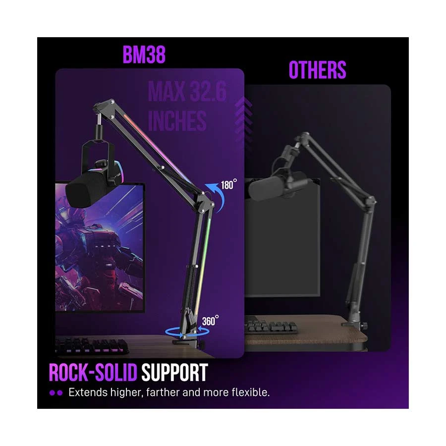 FIFINE AmpliGame BM38 RGB Microphone Boom Arm Stand