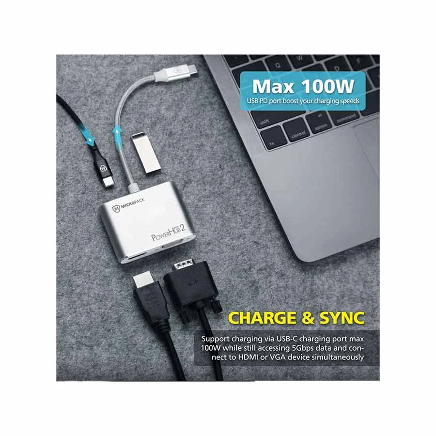 Micropack MDC-4V USB-C to HDMI, VGA, USB & Type-C Converter Silver