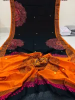 Embroidered Dhupian Silk Saree in Block Print, Without Blouse
